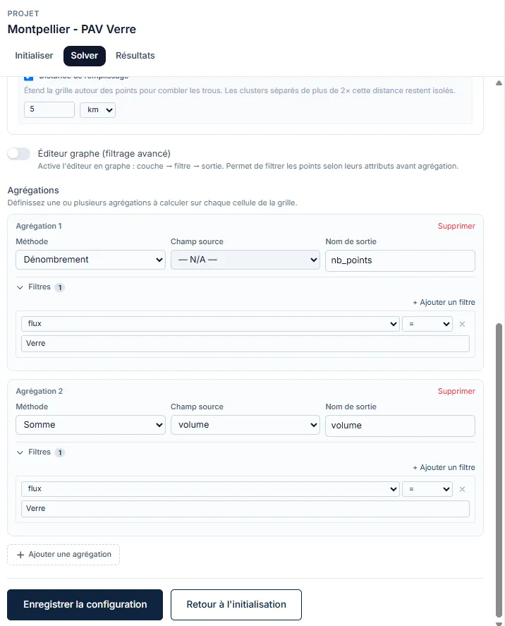 L'éditeur d'agrégations : dénombrement « nb_points » et somme « volume », tous deux filtrés sur Flux = Verre.