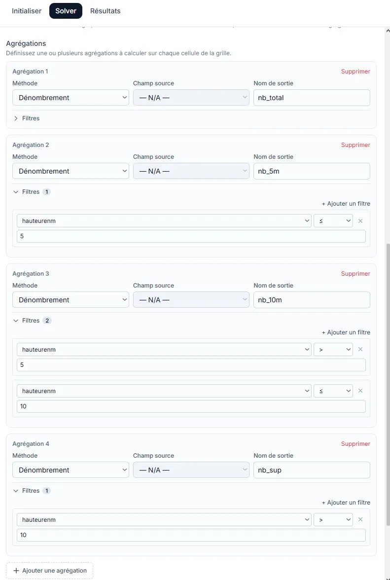 Éditeur d'agrégations : 3 dénombrements filtrés par tranche de hauteur, 1 dénombrement total, 1 somme de hauteur.
