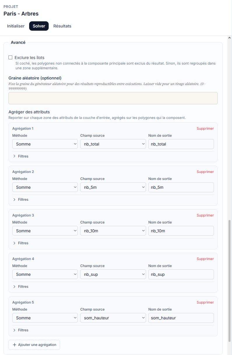 Paramètres : 15 secteurs, « Exclure les îlots » décoché, agrégations de sortie (5 sommes).
