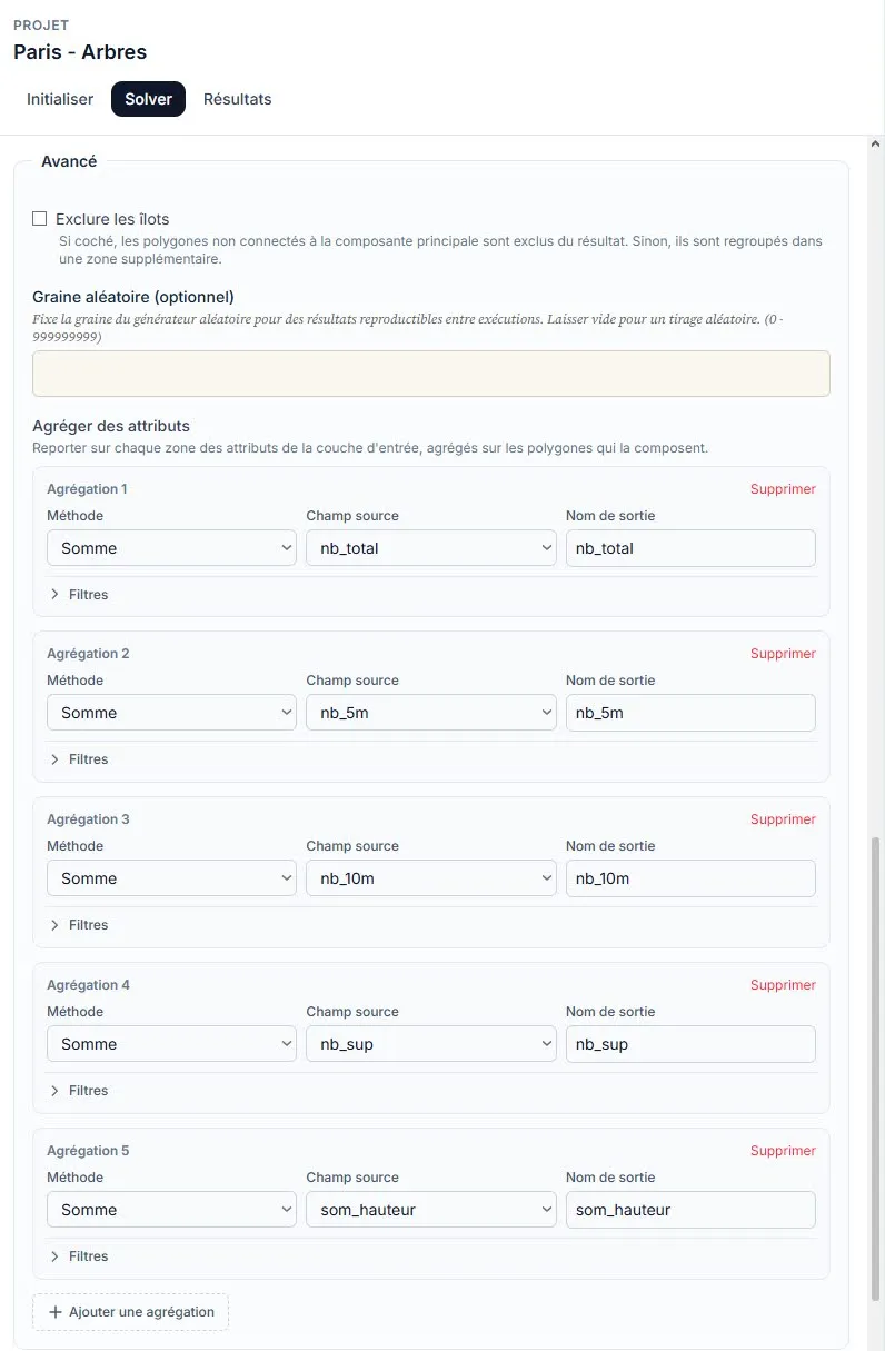 Paramètres : 15 secteurs, « Exclure les îlots » décoché, agrégations de sortie (5 sommes).