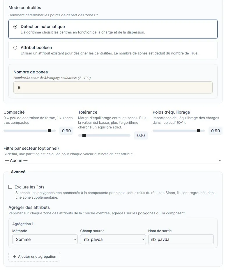 Agrégations de sortie : nombre de PAVDA par secteur généré.